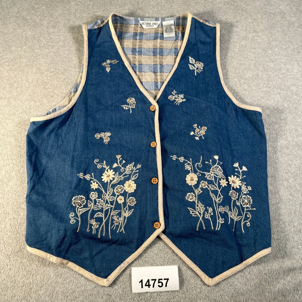 Victoria Jones Vest Womens 22W Blue Denim Cotton Floral Embroidered Button Front